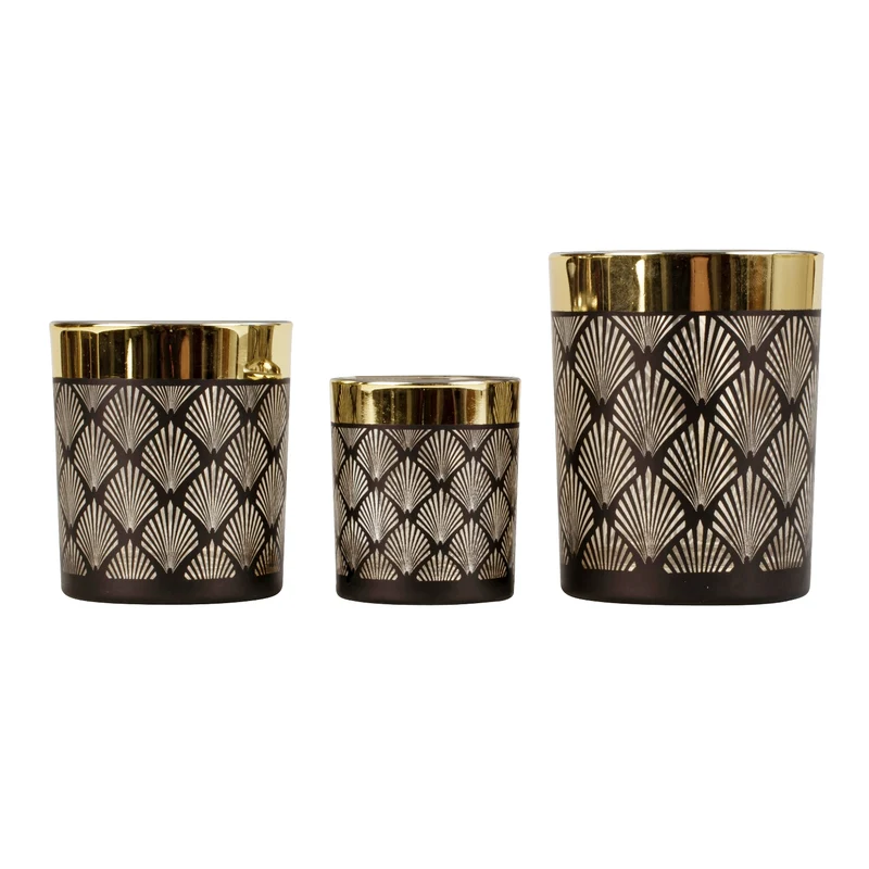 3er Set Teelichthalter Glas Schwarz Gold modern verschiedene Größen Kerzenhalter