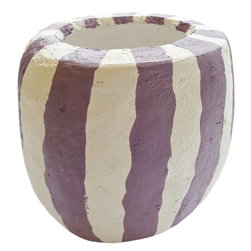 Dekovase Lila Weiß Handarbeit 15 cm Oval Pappmaché Tischvase Deko Vase gestreift