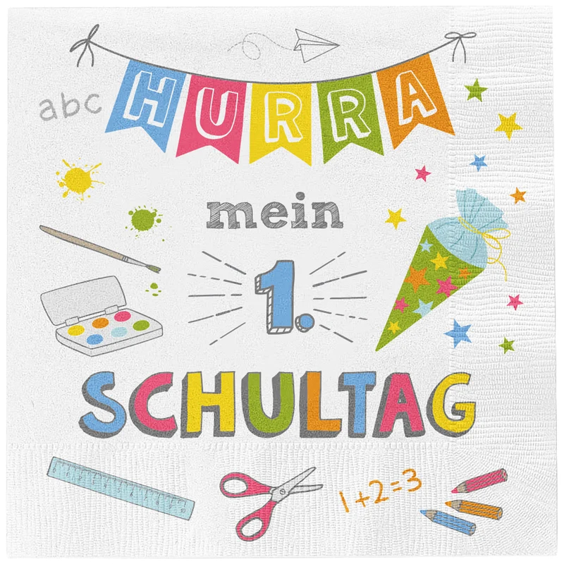 40 Servietten Einschulung Hurra mein 1 Schultag 33 cm 3 lagig Papierservietten weiß bunt Tischdeko Schulanfang Deko Schulstart Partydeko Einschulungsfeier