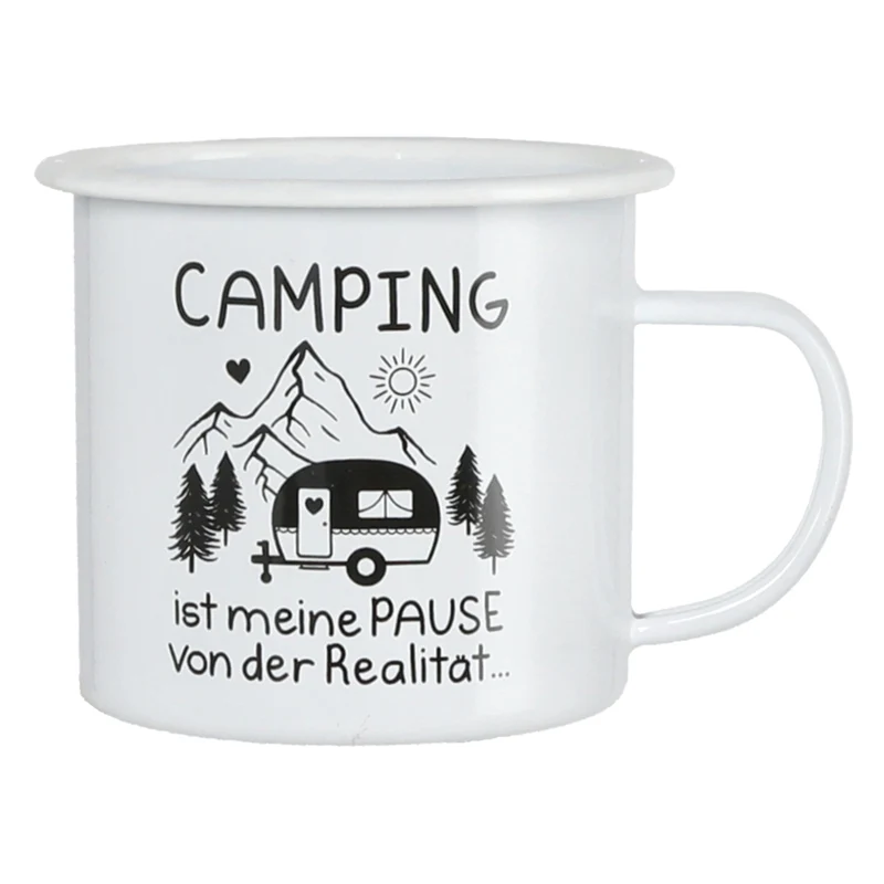 XL Emaille Tasse Camping Weiß Schwarz 450 ml Pause Metallbecher Campingbecher