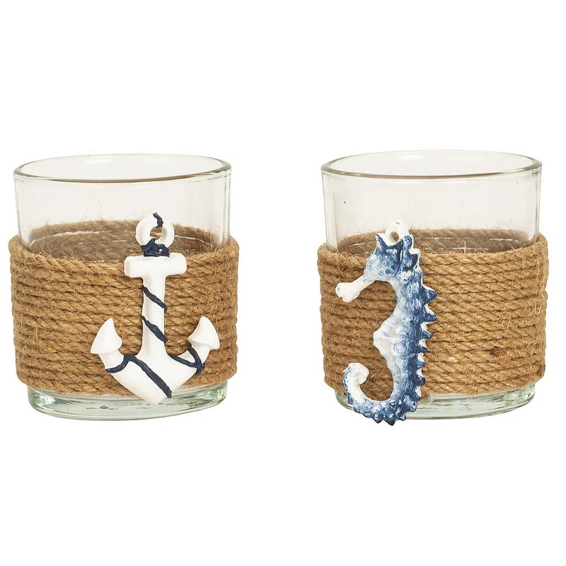 2er Set Teelichthalter Maritim Glas Jute Anker Seepferd Blau Weiß Braun Windlicht Kerzenhalter Tischdeko