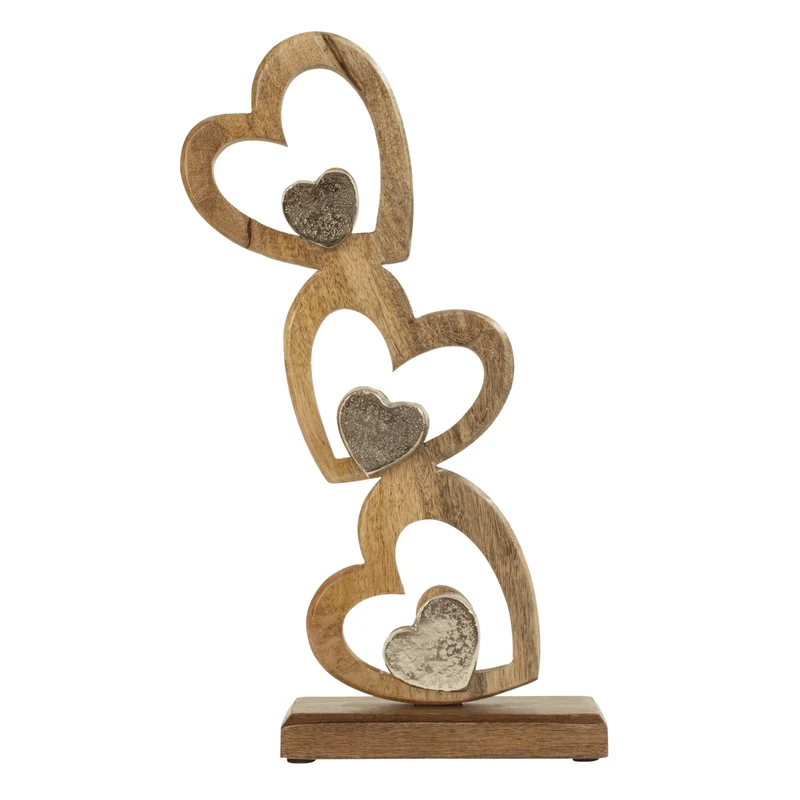 Deko Skulptur Herzen Metall Holz Silber Braun 40 cm modern Dekofigur Tischdeko Dekoskulptur