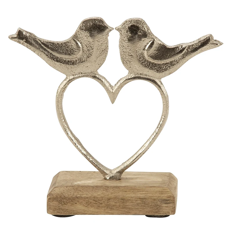 Deko Figur Herz Vögel Braun Silber Holz Metall 12 cm modern Dekofigur Tischdeko Dekoskulptur