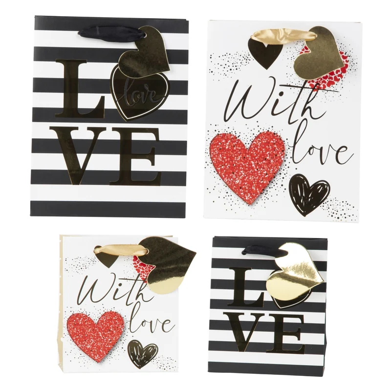 4er Set Geschenktasche Love Schwarz Weiß Rot Papier vers. Größen elegante Geschenkverpackung