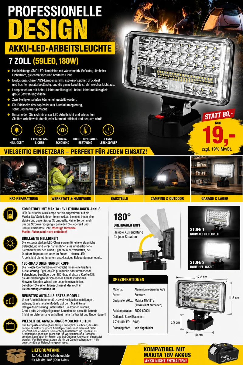 Extrem helle professionelle Akku-LED-Arbeitsleuchte 7 Zoll – 59 LEDs / 180 W. Passend zu unseren Akkus.