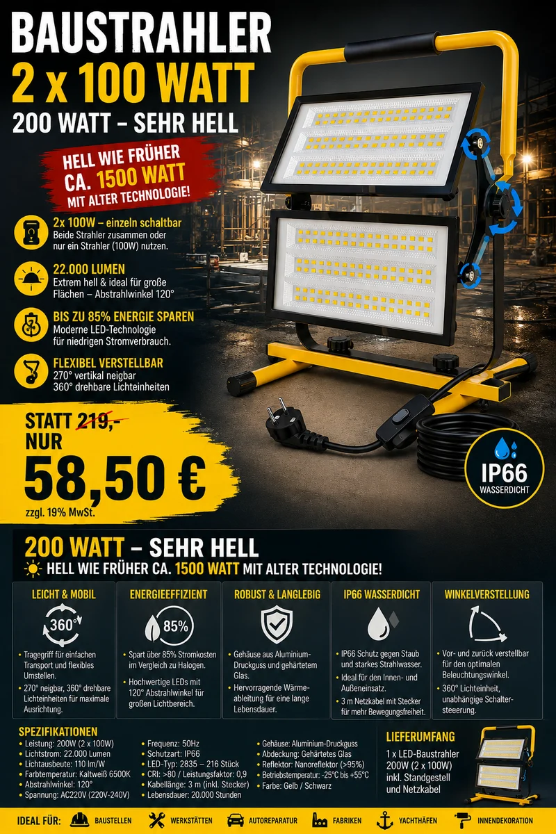 LED Baustrahler Flutlicht 200 Watt (2x100 Watt) mit Ständer. 230 Volt. IP66.