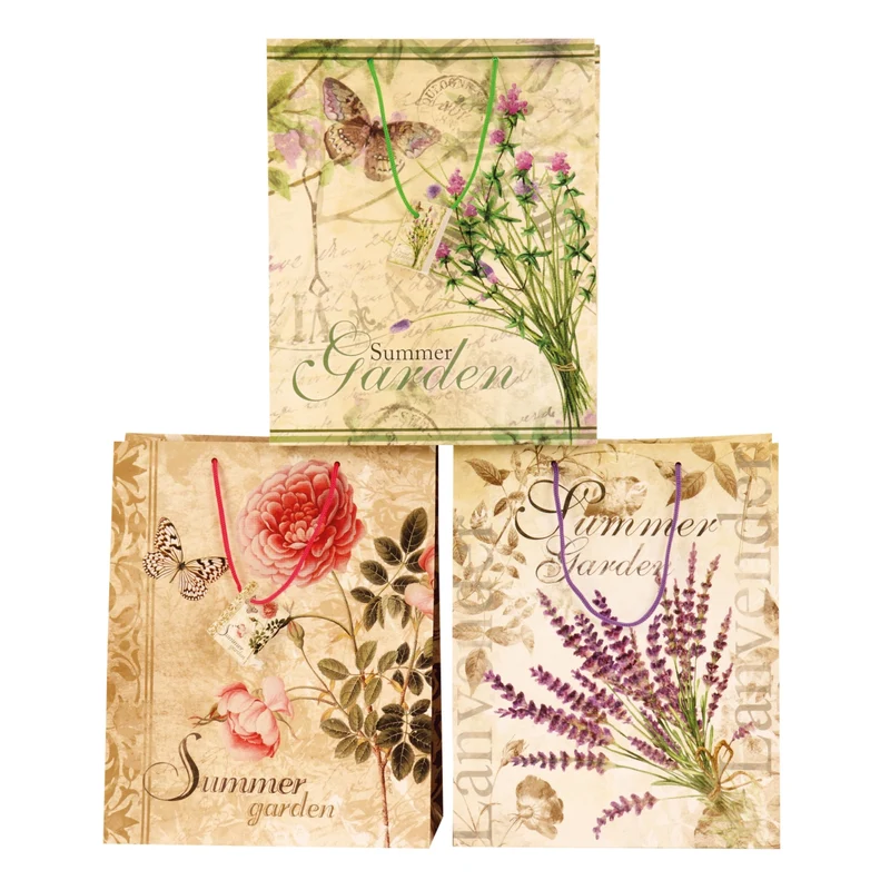 3er Set Geschenktasche Vintage Schmetterling Lavendel Kraftpapier mit Kordelgriff 33 cm elegante Geschenkverpackung