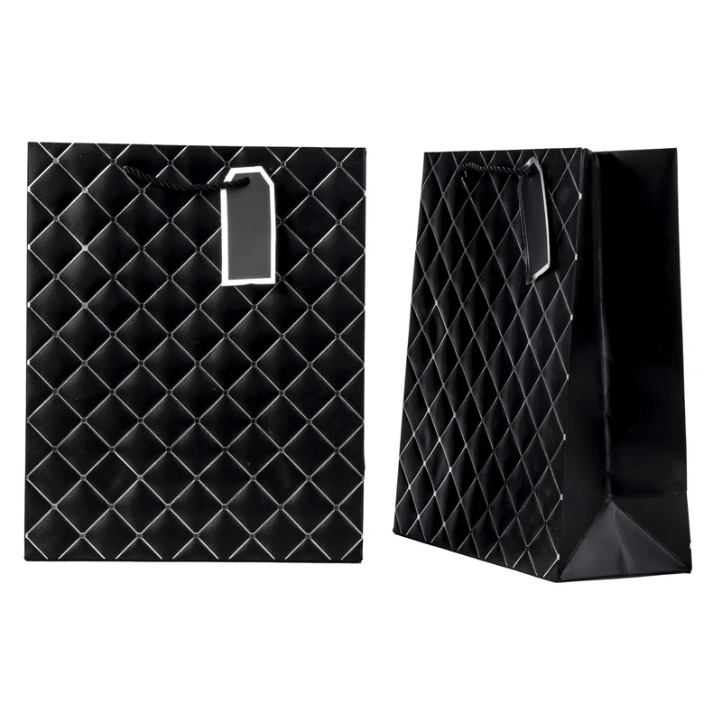 4er Set Geschenktasche Schwarz Silber Karo Papier mit Kordelgriff 32 cm elegante Geschenkverpackung