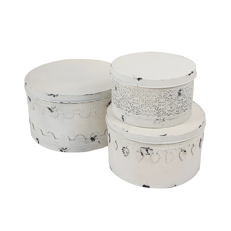 3er Set Deko Dosen rund Antikweiß Metall Eisen Shabby Chick Vintage Dekodosen
