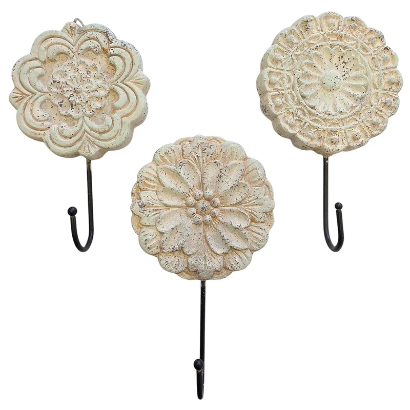 3er Set Dekohaken Creme Grün Vintage Zement Metall Wandhaken Garderobenhaken Hakenset