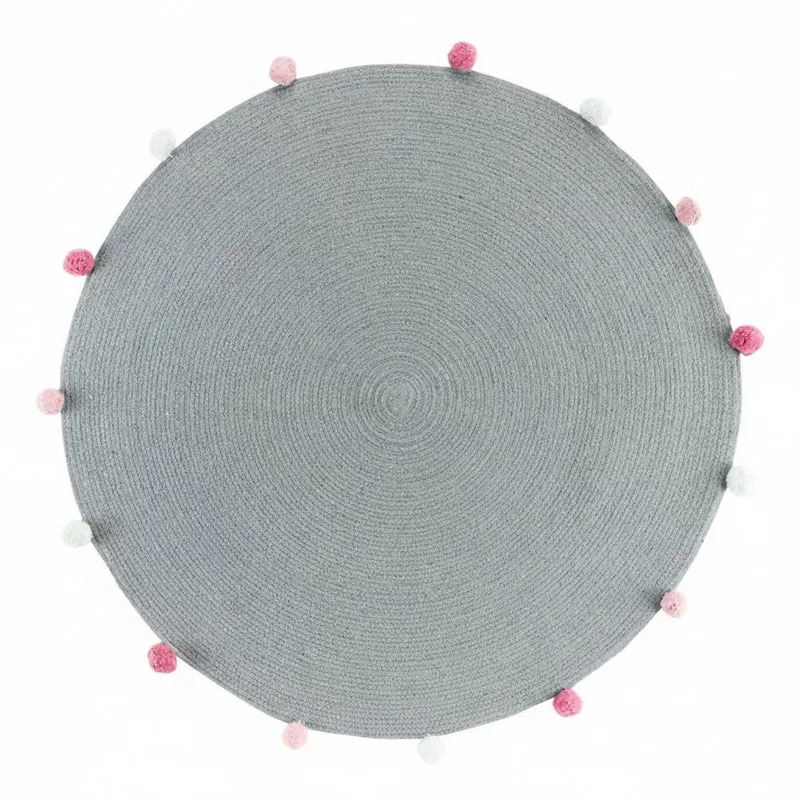 Deko Teppich Grau bunt 90 cm Baumwolle uni mit Bommel Wohnteppich Boho