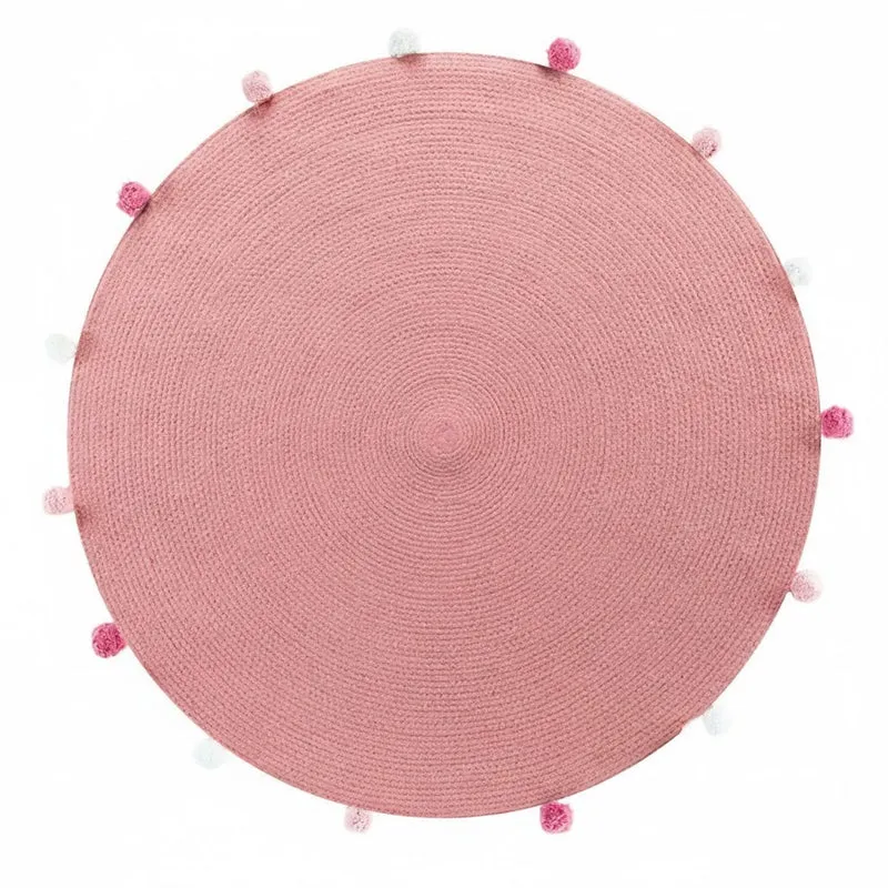 Deko Teppich Rosa bunt 90 cm Baumwolle uni mit Bommel Wohnteppich Boho