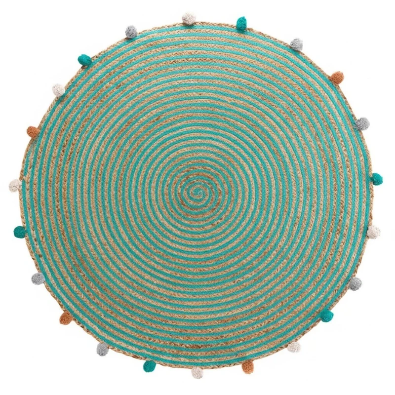 Deko Teppich Grün Natur 90 cm Baumwolle Jute gestreift Bommel Wohnteppich Boho