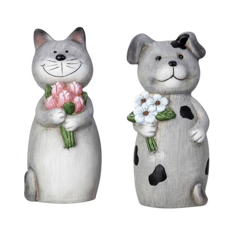 2er Set Zaunhocker Hund Katze Grau 23 cm Pfostenhocker Zauntier Keramik
