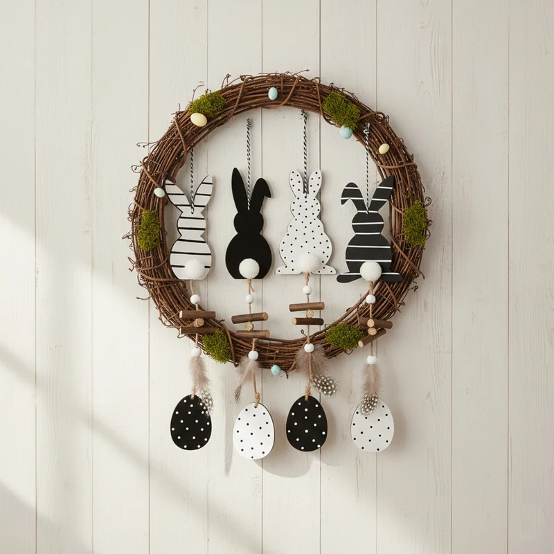 4er Set Dekohänger Osterhasen Schwarz Weiß Holz Dekohase Osterdeko Deko Ostern