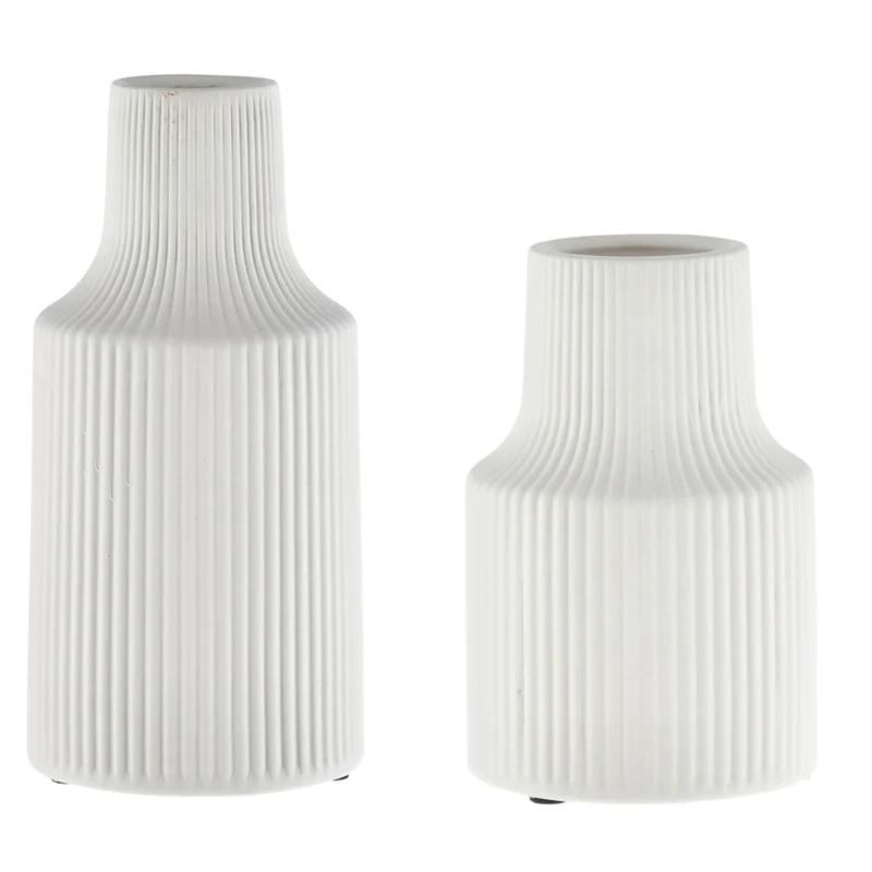 Dekovase Rillen Weiß 19 cm modern Keramik Vase Tischvase Tisch Deko Keramikvase
