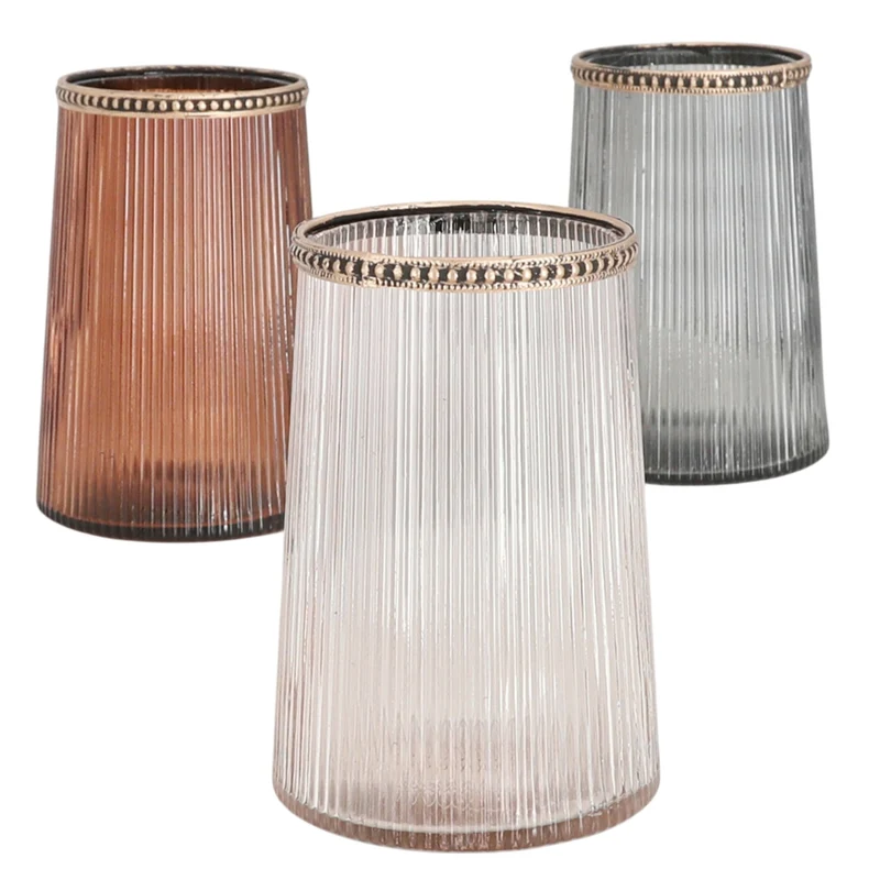 3er Set Windlichter Grau Rosé Braun Glas Metall Kerzenhalter Vase