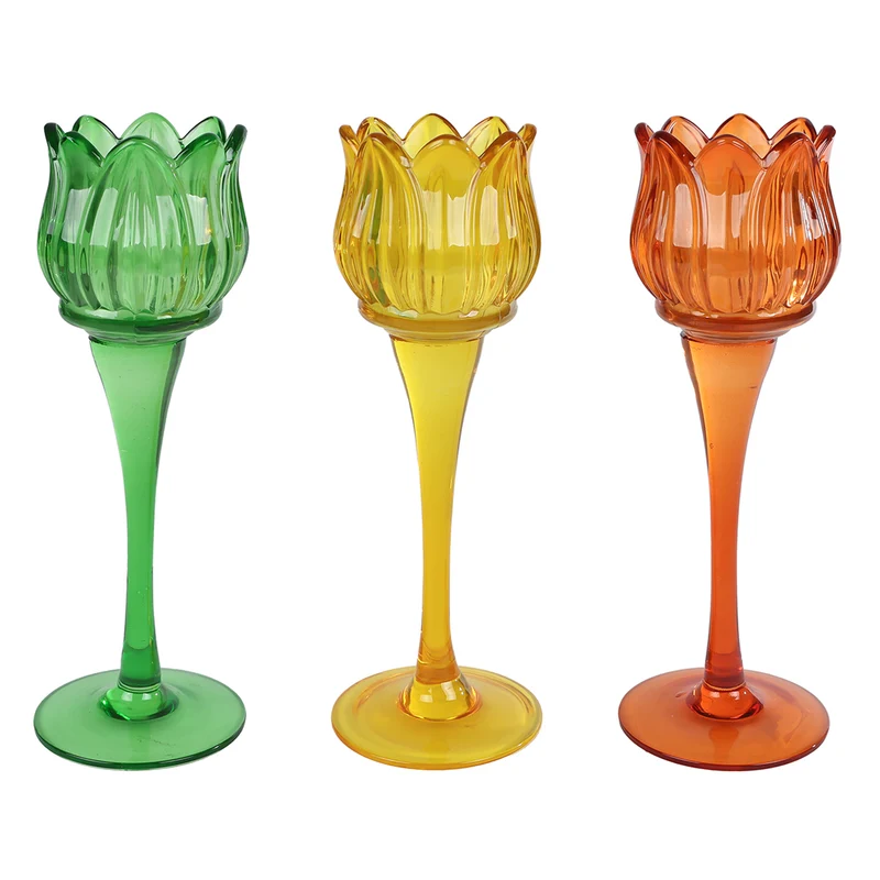 3er Set Teelichthalter Tulpe Grün Gelb Orange Windlich Deko Kerzenhalter
