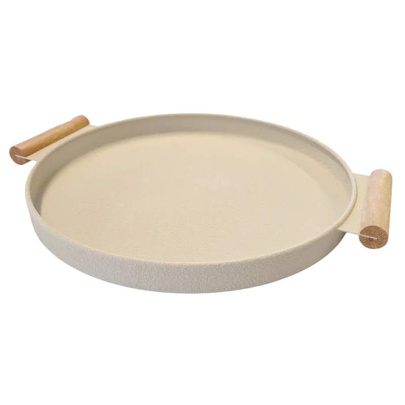 Dekotablett rund Creme Beige 36 cm modern Tablett Metall Holz