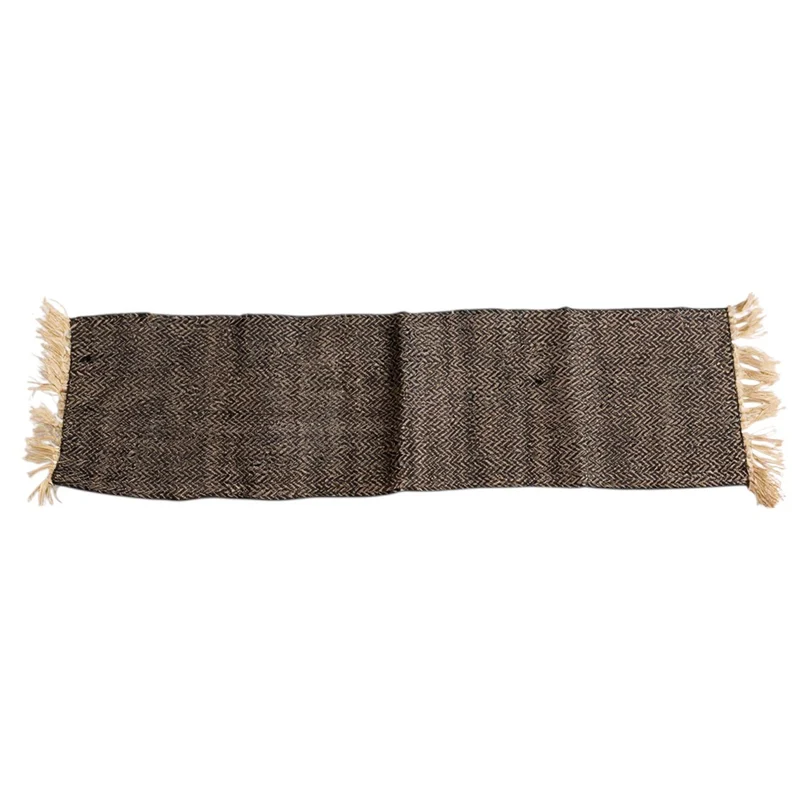 Tischläufer 150 x 45 cm Baumwolle Jute Schwarz Natur Fischgrätmuster