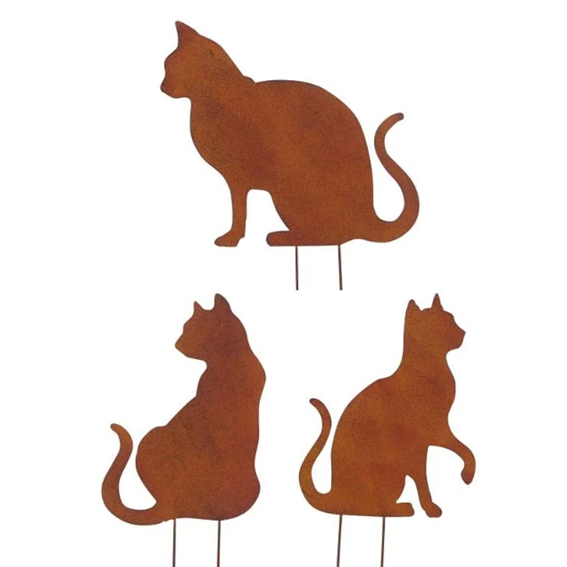 3er Set Gartenstecker Katze Metall Rost Braun Gartendeko Dekokatze
