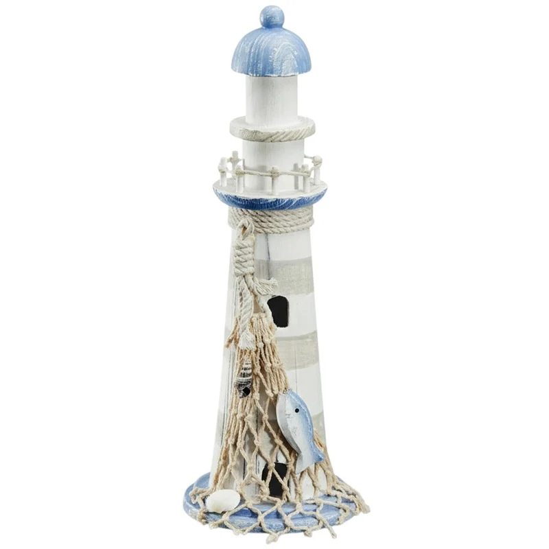 Deko Leuchtturm Holz Blau Weiß 30 cm Dekofigur maritim