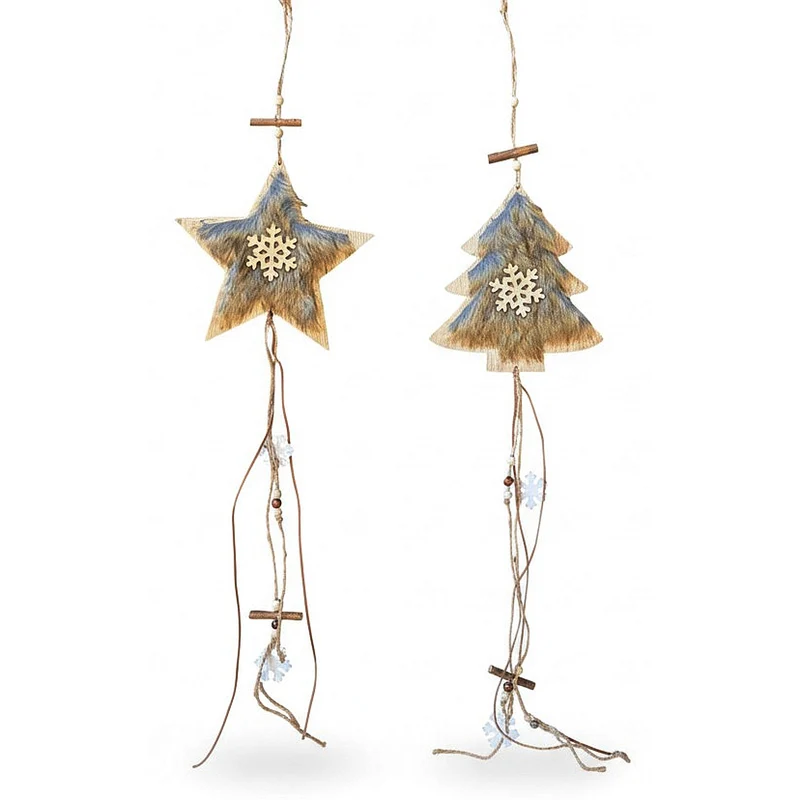 2er Set Hängedekoration Weihnachten Tannenbaum Stern Braun Fell Holz 75 cm