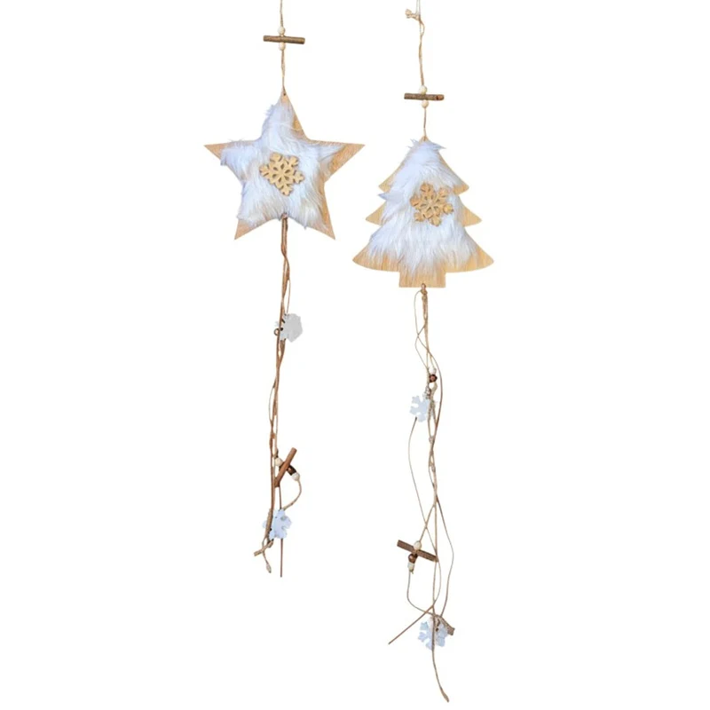 2er Set Hängedekoration Weihnachten Tannenbaum Stern Fell Holz 75 cm