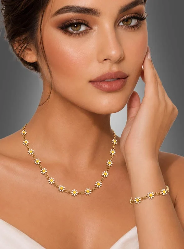 Weiße Blumen Schmuckset Kette & Armband