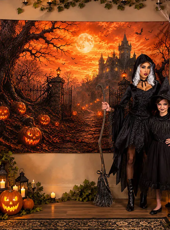 Halloween Hintergrund Schloss mit Kürbissen 170x200cm