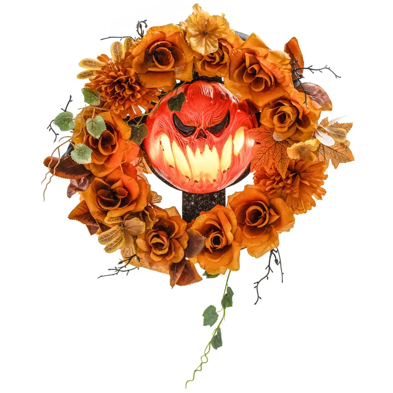 Halloween-Kranz mit Kürbisgesicht & 44 LED-Lichtern – Flackernder Grusel für Tür, Fenster & Kamin, 44 cm