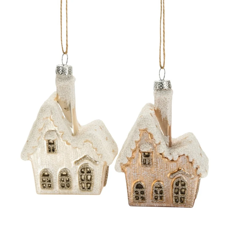 Christbaumhänger Haus Glas Beige Silber 10 cm modern Christbaumschmuck Weihnachtsdekoration Deko Weihnachten
