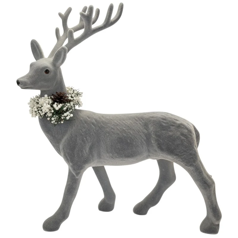 Dekohirsch Grau Kunststoff beflockt Dekofigur Weihnachten Winter Hirsch Deko