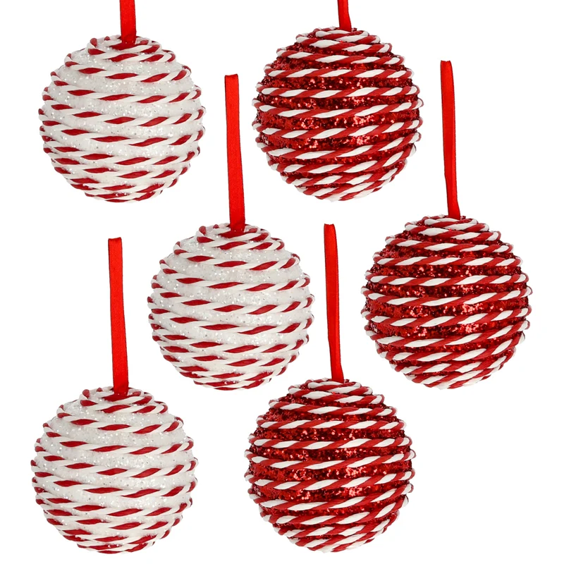 6er Set Christbaumkugeln Rot Weiß 8 cm modern Dekokugeln Christbaumschmuck