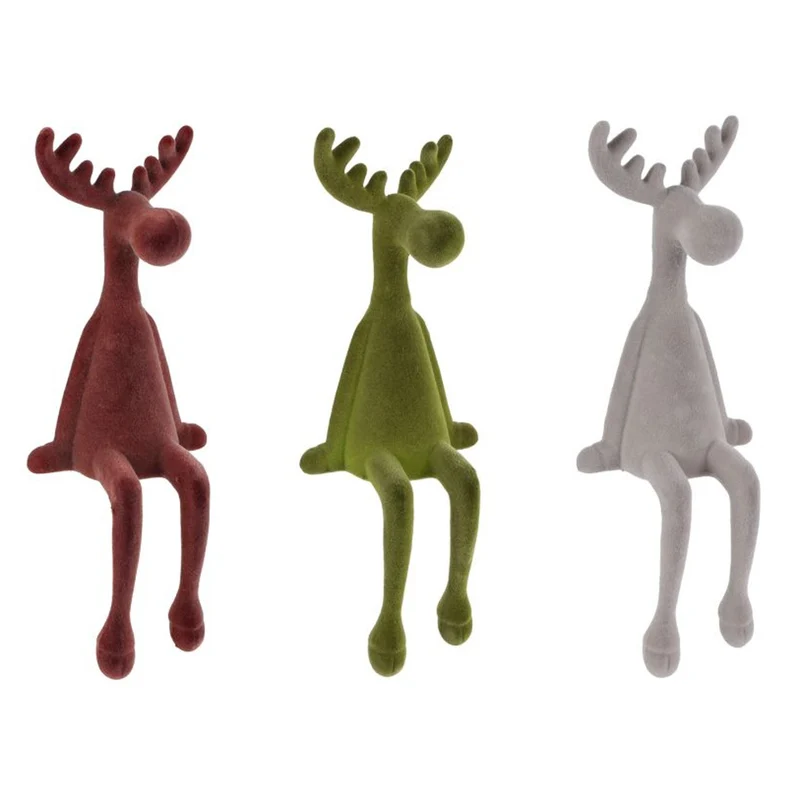 Kantenhocker Rentier Braun Taupe od. Grün Kunststoff beflockt 3er Set modern Weihnachten