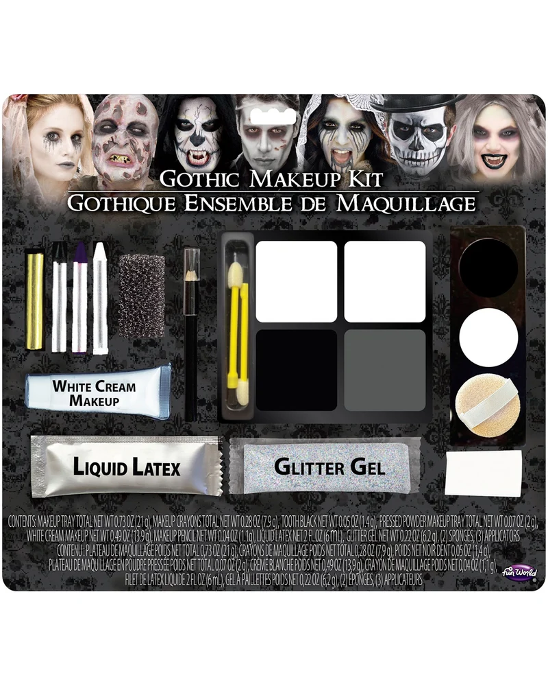 Gothic Schwarz-Weiß Make-Up Set 15-teilig