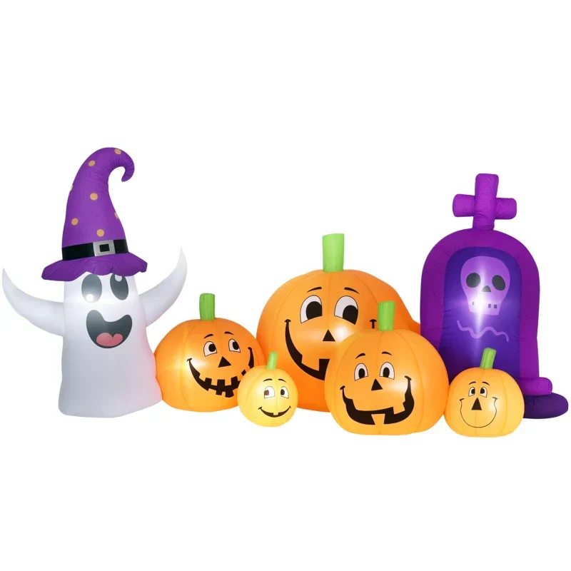 Halloween-Gartendeko Kürbisfamilie mit Geist und Grabstein, Gebläse wetterfest 240 x 130x 130 cm