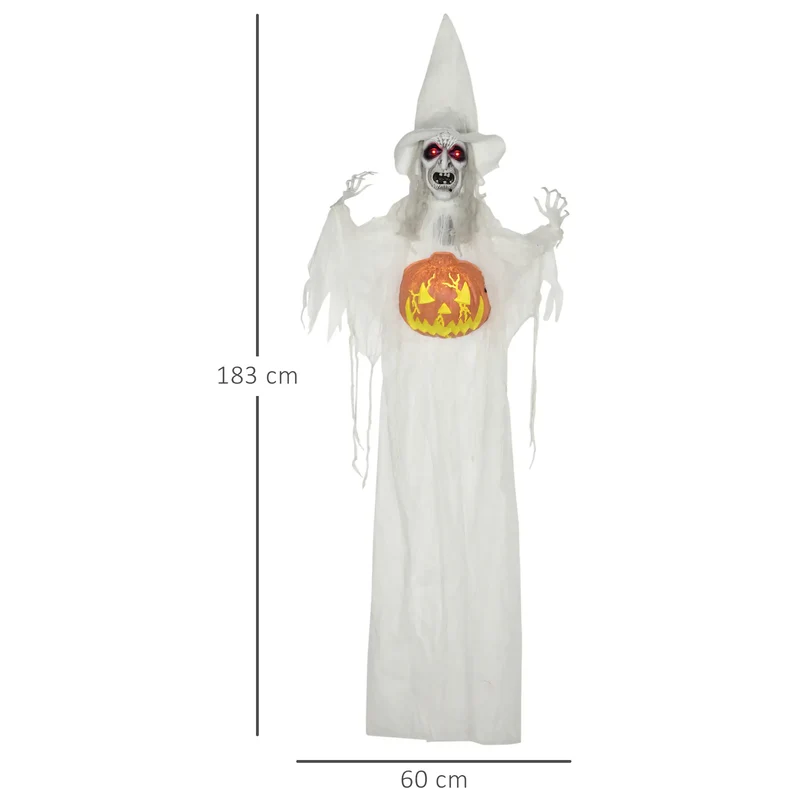 Lebensgroße alte Halloween-Hexe, Soundfunktion, mit Bewegungssensor und LED-Lichtern, 183 cm, weiß