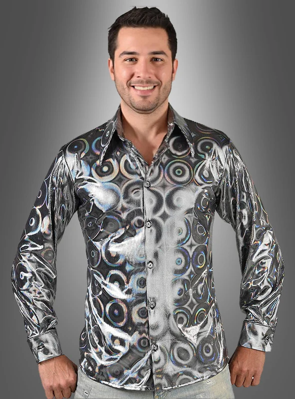 70er Disco Hemd Hologramm Kreise silber