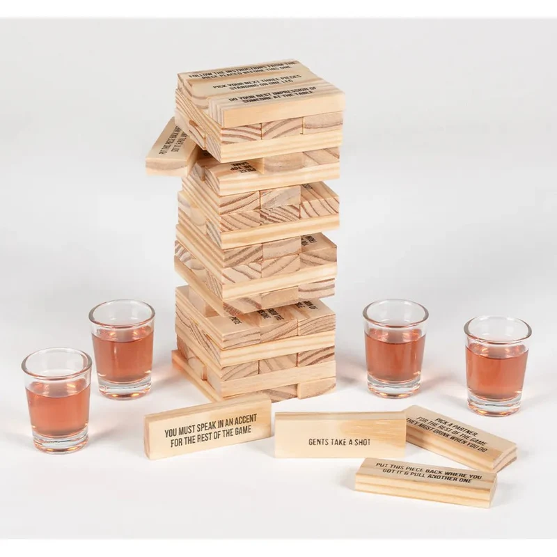 Trinkspiel-Set „Drinking Tower“ (4 Schnapsgläser, 54 Holzklötze)