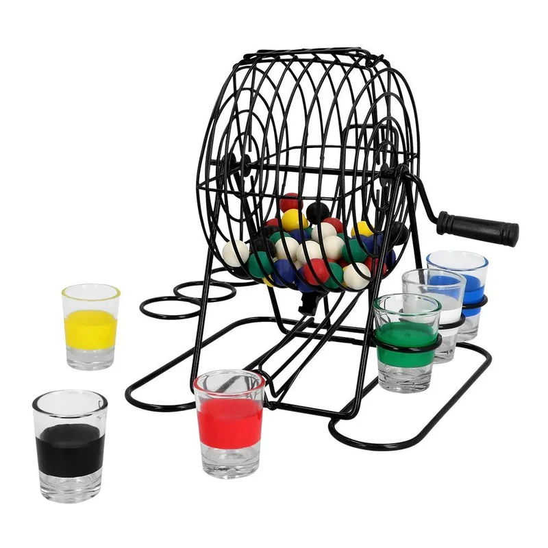 Bingo-Shots-Trinkspiel-Set (Bingo-Rad aus Metall, 48 Kugeln, 6 Schnapsgläser)
