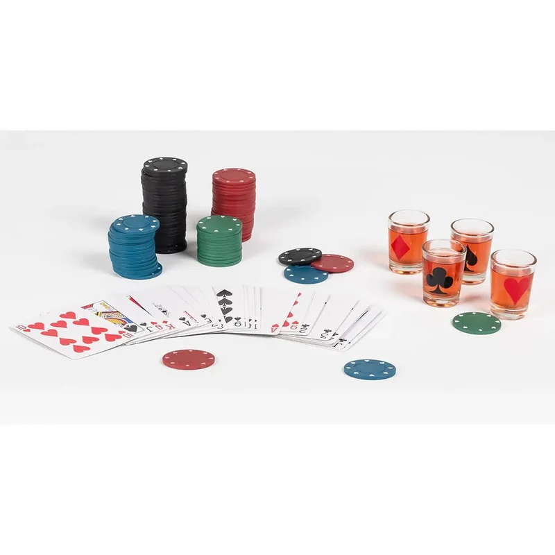 Drinkspiel-Set „Drinking Poker“ (120 Pokerchips, 1 Kartenspiel, 4 Schnapsgläser)