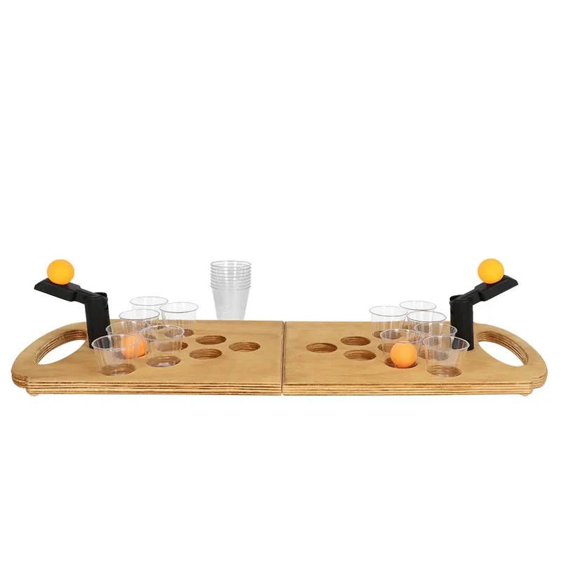 Trinkspiel-Set „Shot Pong“ (zusammenklappbares Spielbrett aus Holz, 2 Shooter, 4 Bälle, 12 Schnapsgläser)