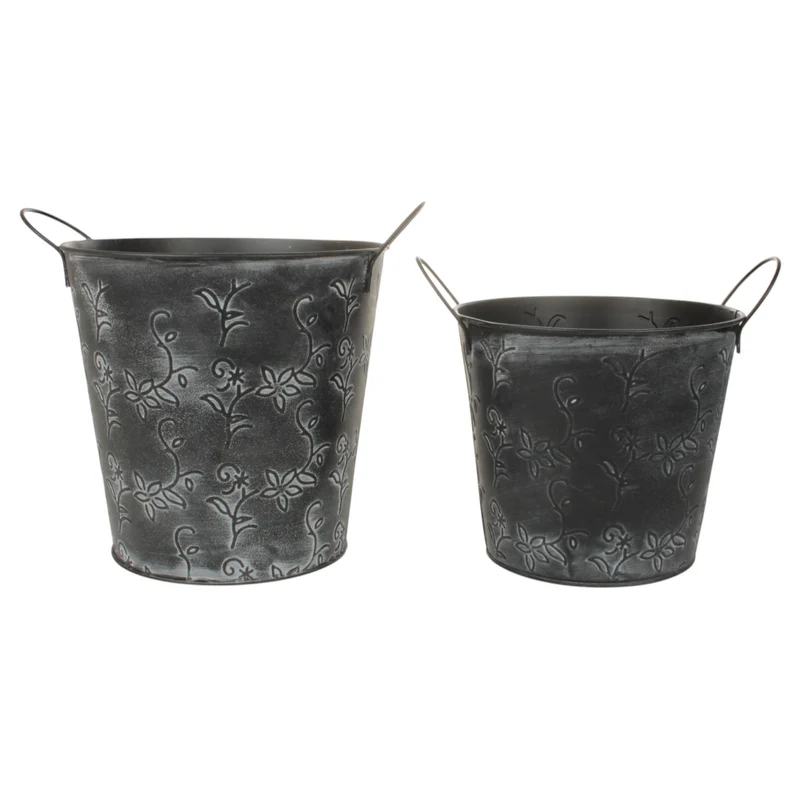 2er Set Dekoeimer Schwarz Vintage Blumenmuster Metall Pflanztopf Dekoaufbewahrung