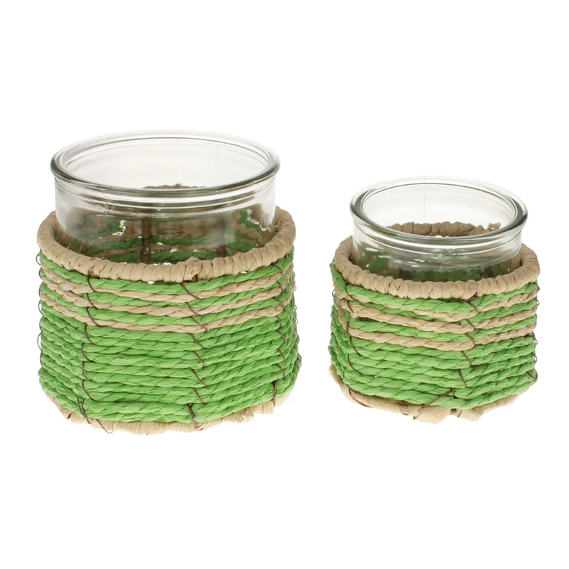 2er Set Glaswindlicht Braun Grün Glas Naturfaser Dekowindlicht Windlicht modern Kerzenhalter
