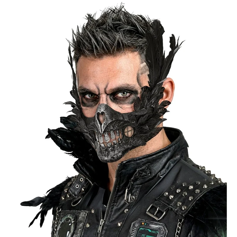 Halloween-Maske: Schwarzer Totenkopf mit Federn