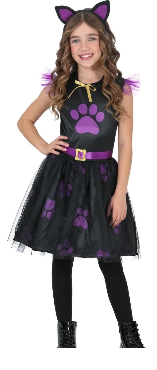 Halloween-Kleid, schwarz, für Kinder, mit lila Katze