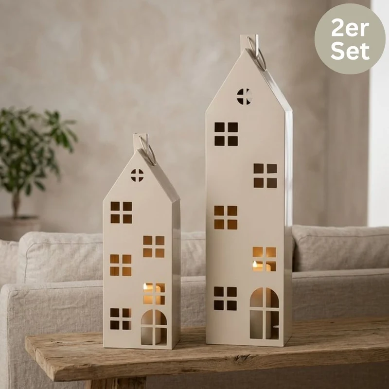 Laternen-Häuser 2er-Set beige