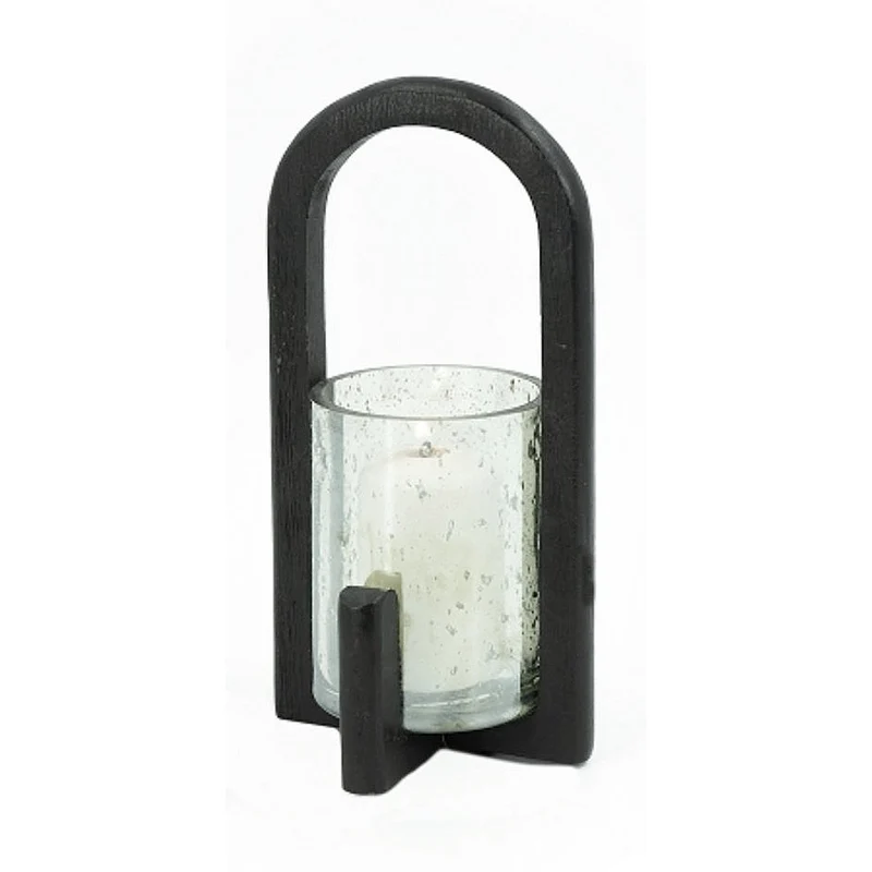 Windlicht Mangoholz Glas Schwarz Dekowindlicht Dekolich Kerzenhalter Deko Balkon Terrasse Tischdeko Kerzenwindlicht