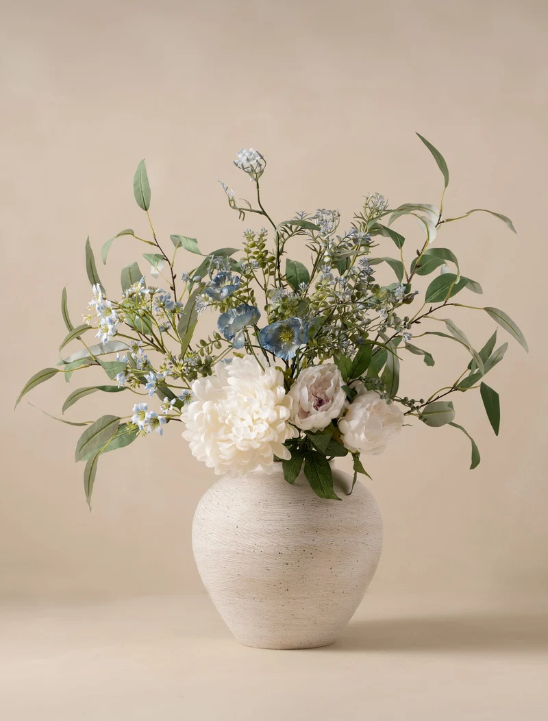 Faux Arrangement - White Dahlia and Blue Poppy